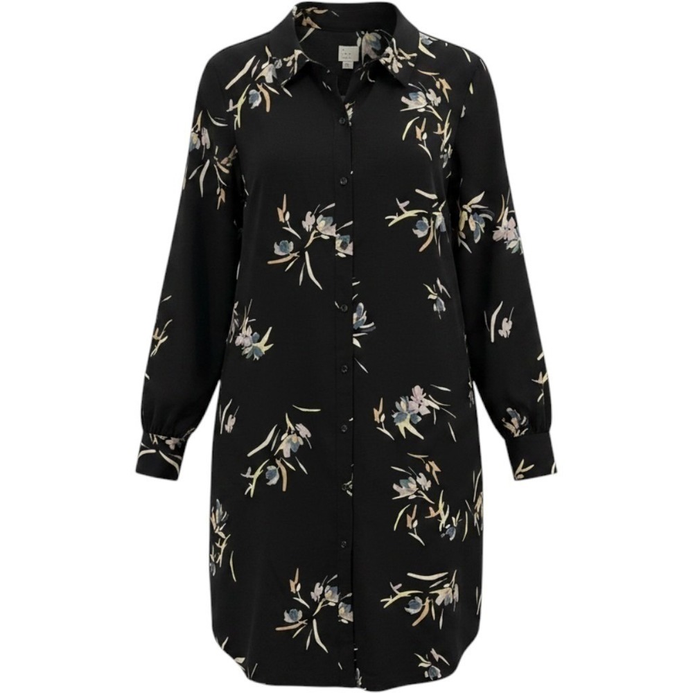 A New Day Shirt Dress XXL Floral Print Long Sleeve Black Button Down